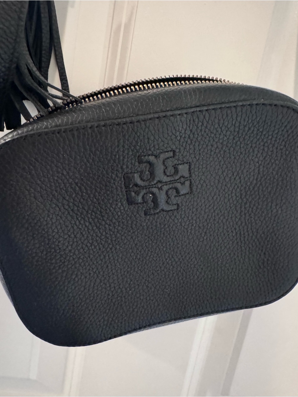 Tory Burch Black Pebbled Leather Camera Crossbody with Tassel